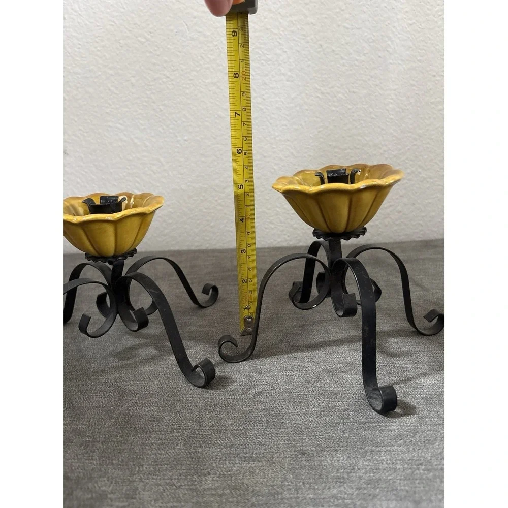 VTG Treasure Craft 2 Candle Holder Black Metal Scroll Yellow Ceramic Floral READ